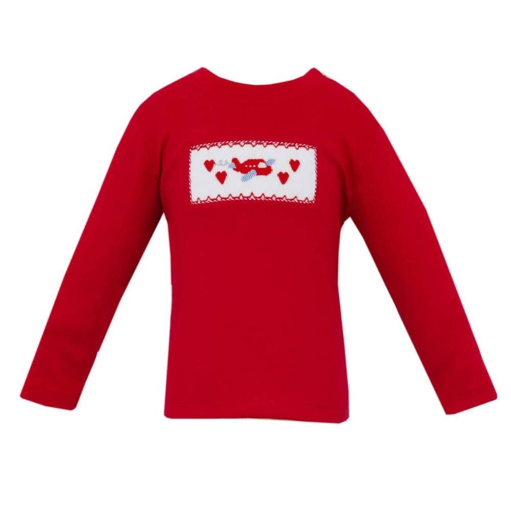 NEW ANAVINI kid's valentines plane smocked long sleeve knit shirt in red